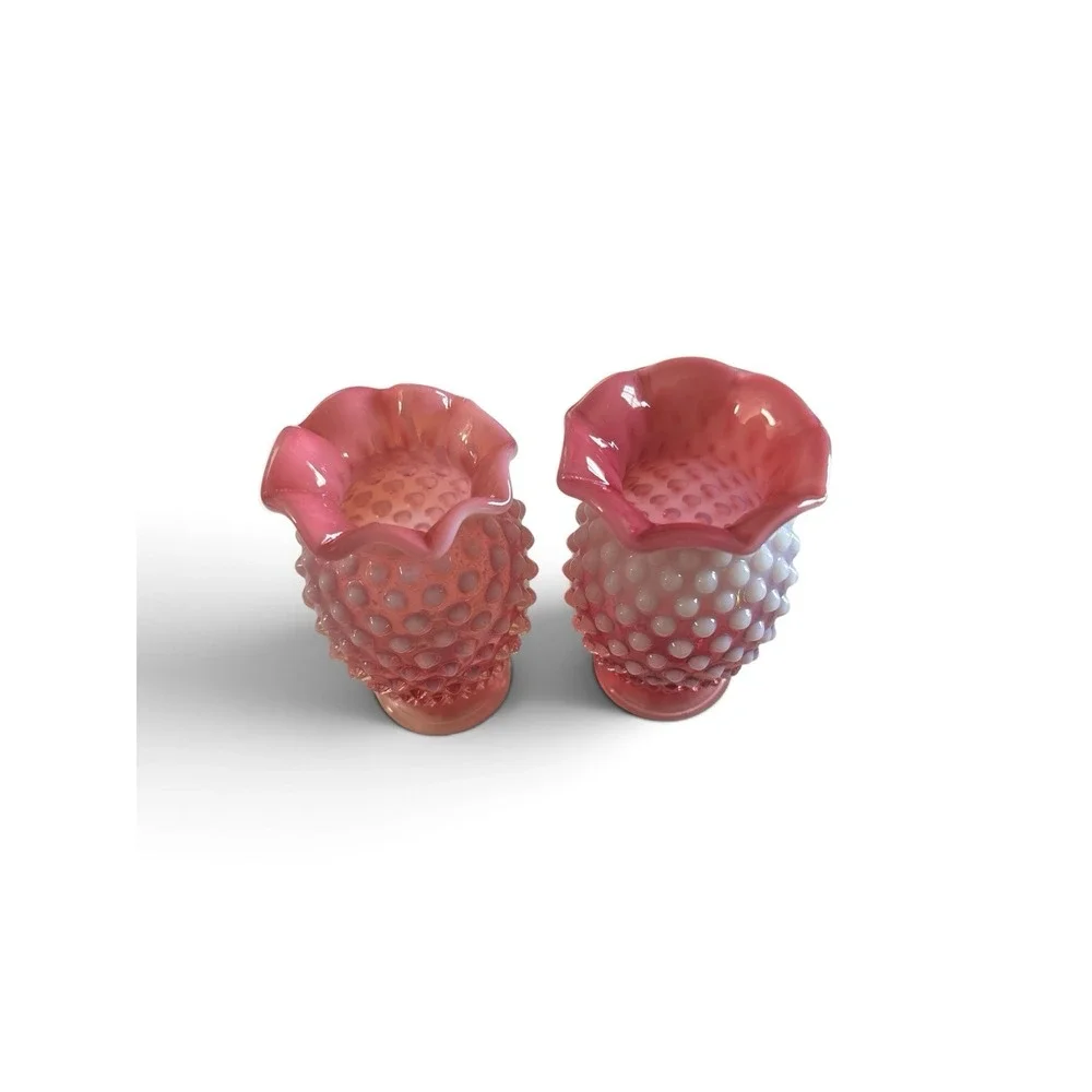 PAIR Vintage Fenton Vase Cranberry Opalescent Hobnail Glass Bud Vase Ruffle#08